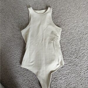 Abercrombie & Fitch Ribbed High Neck Bodysuit in Light Beige